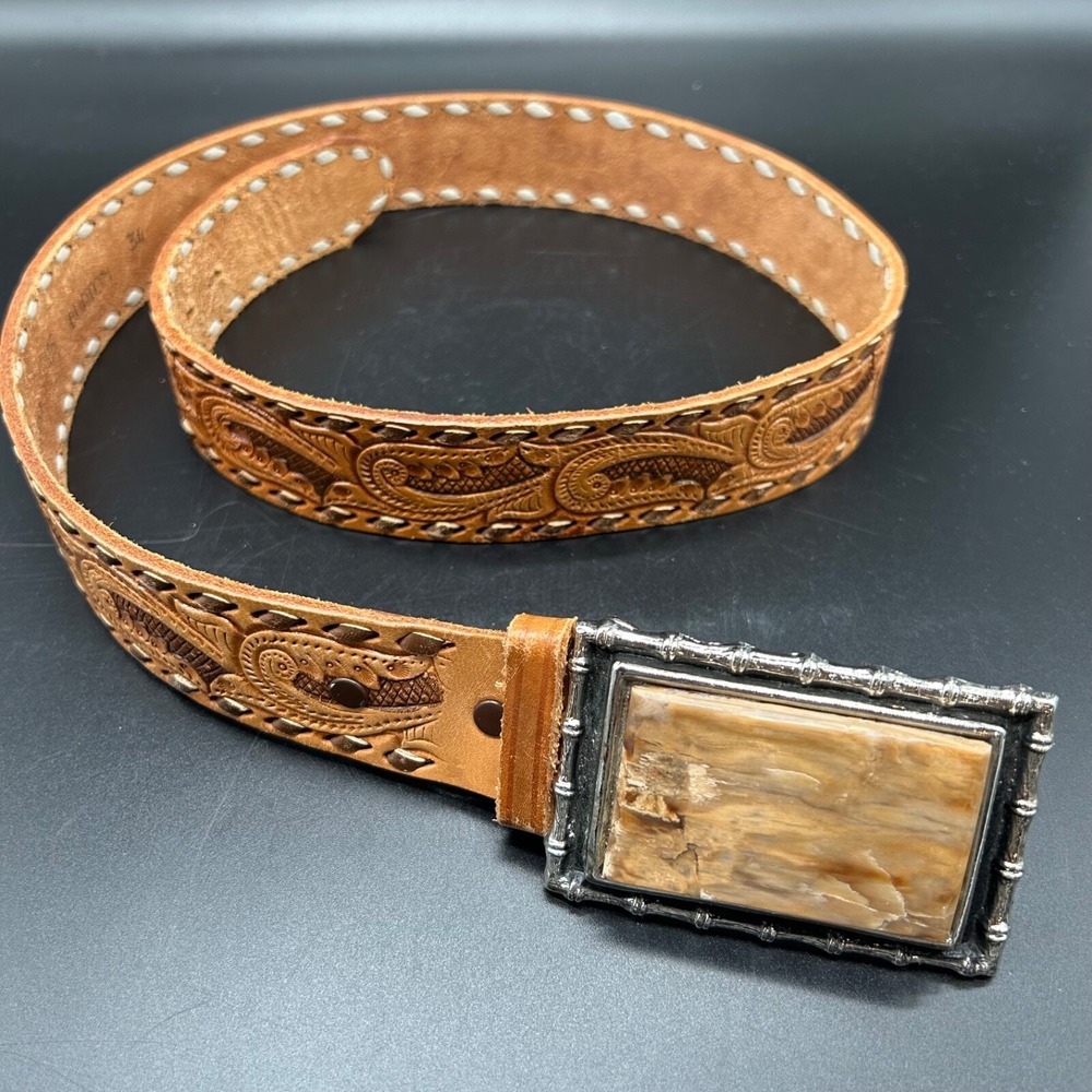 VTG Burton Mens Belt 34 Tooled Brown Leather Cowboy Western Square Stone Buckle - Picture 1 of 8